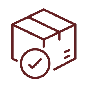 Line-art shipping box with a checkmark, representing structured cannabis package and product records